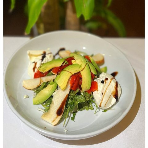 Special salad ..baby arugula roasted peppers and avocado with burrata
